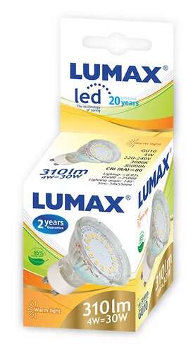Żarówka LED 4W (30W) GU10 MR16 120° 310lm 230V 3000K ciepła SMD Lumax LL032