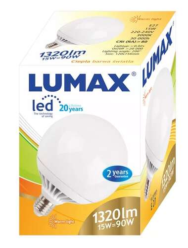 Żarówka LED 15W (90W) E27 G95 Globe 1320lm 230V 3000K ciepła SMD Lumax LL089
