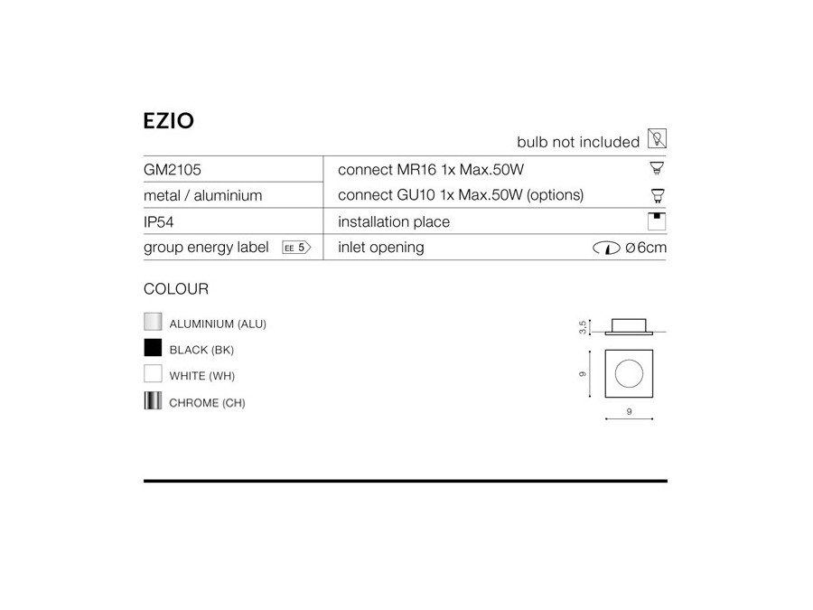 Azzardo Ezio AZ0812 GM2105-BK Oczko halogenowe oprawa sufitowa 1x50W GU10/12V IP54 czarne